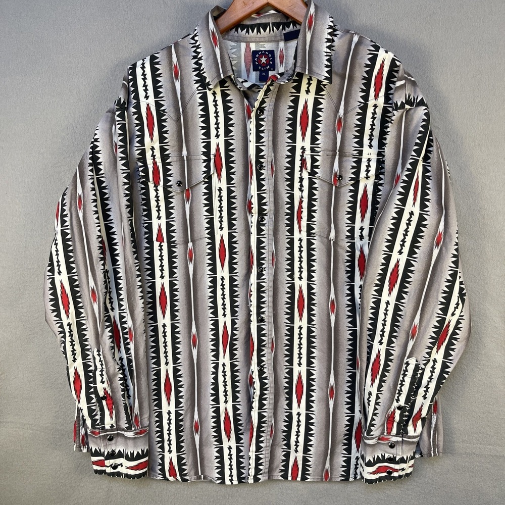Panhandle Slim Western Pearl Snap Shirt Men's XL Black Red Aztec Print Rodeo